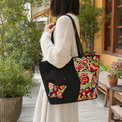 Bohemian Floral Butterfly Embroidered Black Nylon Daily Shoulder Tote Bag
