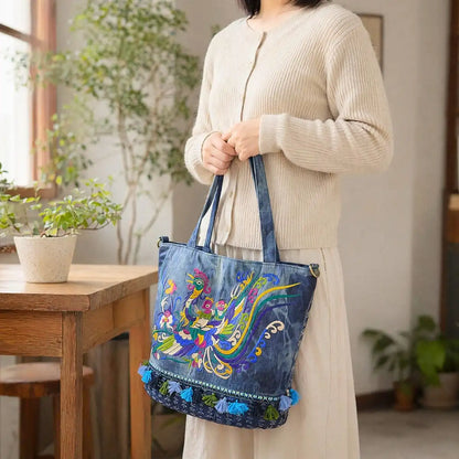 Boho Tie-Dye Denim Phoenix Embroidered Tassel Tote Crossbody Bag