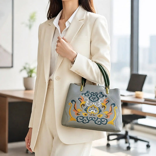 Gray leather top handle handbag with traditional Chinese colorful scroll embroidery, carried by a woman in cream blazer in bright modern office for commuter styling.