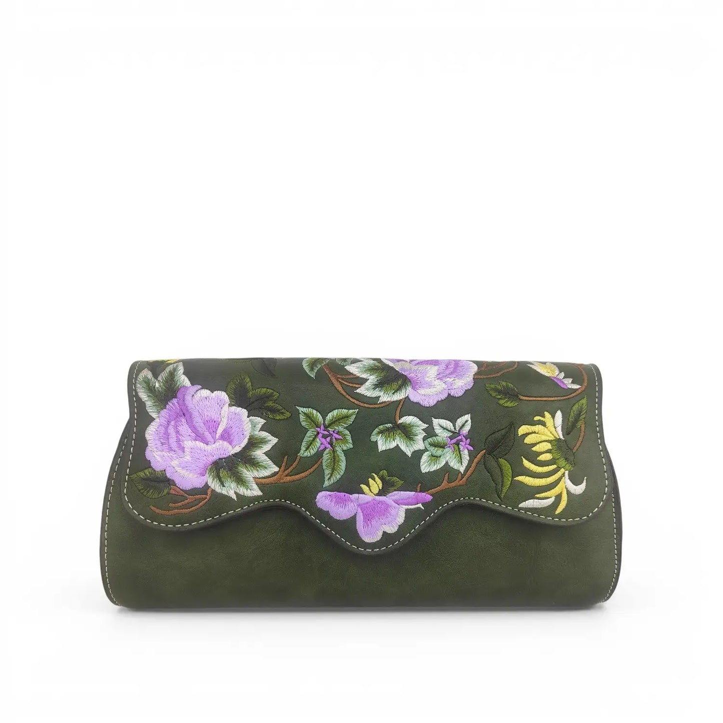 Peony Floral Embroidered PU Leather Clutch Crossbody Bag
