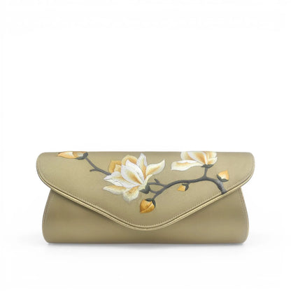 Su Embroidery Vintage Magnolia Mulberry Silk Women Clutch Evening Bag with Detachable Chain