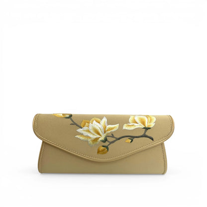 Su Embroidery Vintage Magnolia Mulberry Silk Women Clutch Evening Bag with Detachable Chain