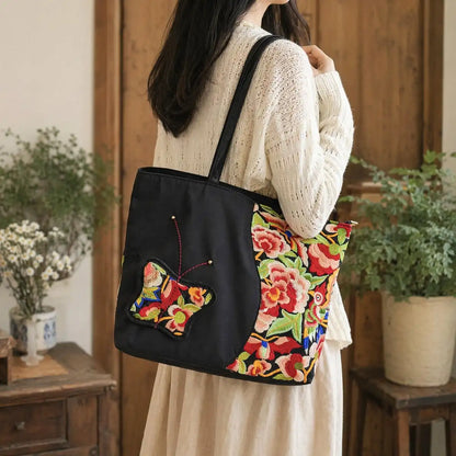 Bohemian Floral Butterfly Embroidered Black Nylon Daily Shoulder Tote Bag