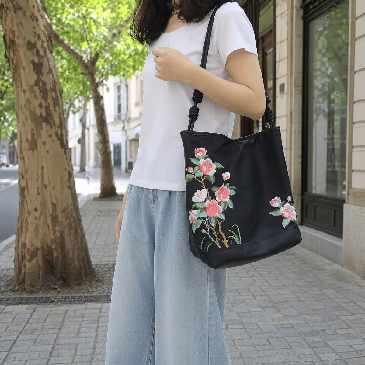 Black Crabapple Blossom Embroidered Waterproof Oxford Tote Bag