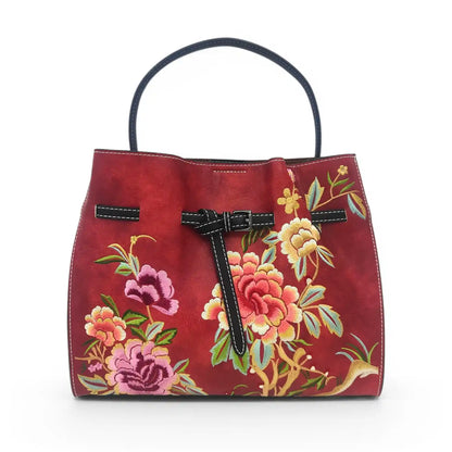 Vintage Floral Embroidered Tote Bag | Red Peony PU Leather