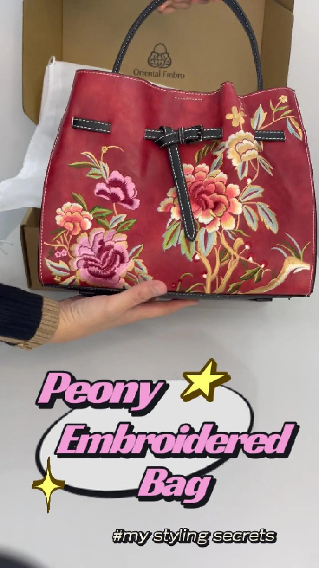 Load video: Unboxing a red peony embroidered tote bag