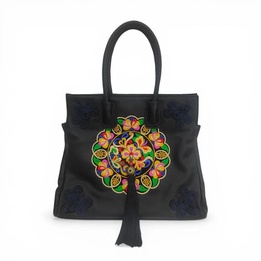 Designer Handbag | Black Ethnic Butterfly Embroidered Tote Bag (PU Leather with Chinese Knot Accents)