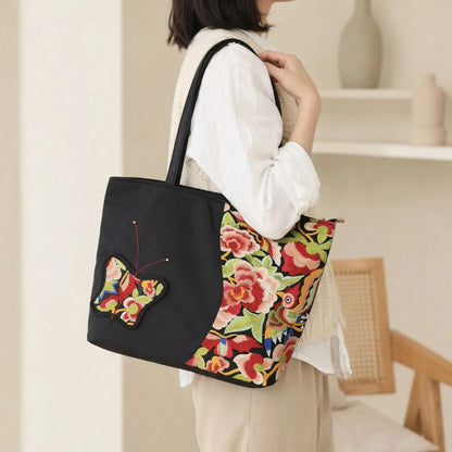 Bohemian Floral Butterfly Embroidered Black Nylon Daily Shoulder Tote Bag