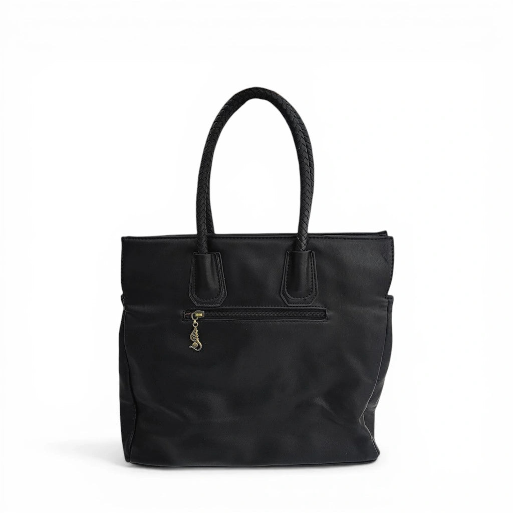Black Ethnic Butterfly Embroidered Tote Bag | PU Leather with Chinese Knot Accents