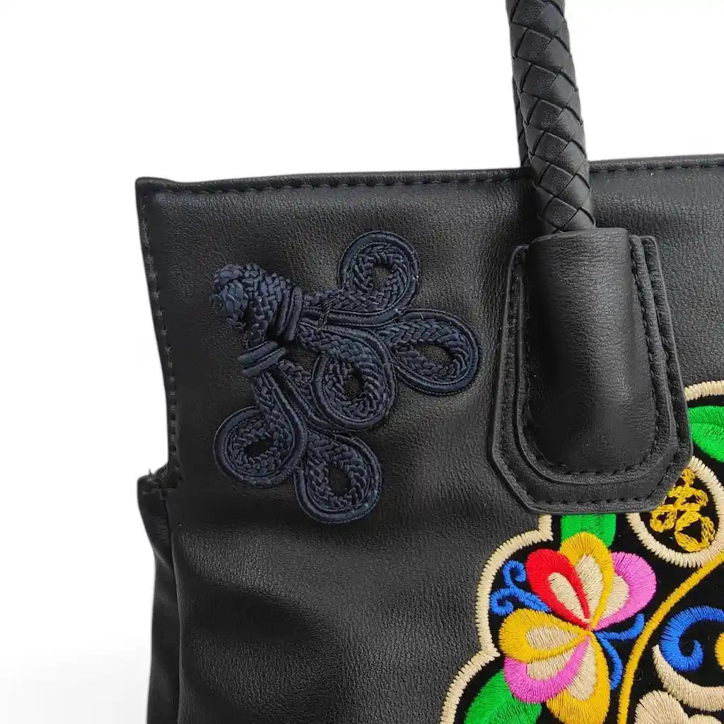 Black Ethnic Butterfly Embroidered Tote Bag | PU Leather with Chinese Knot Accents