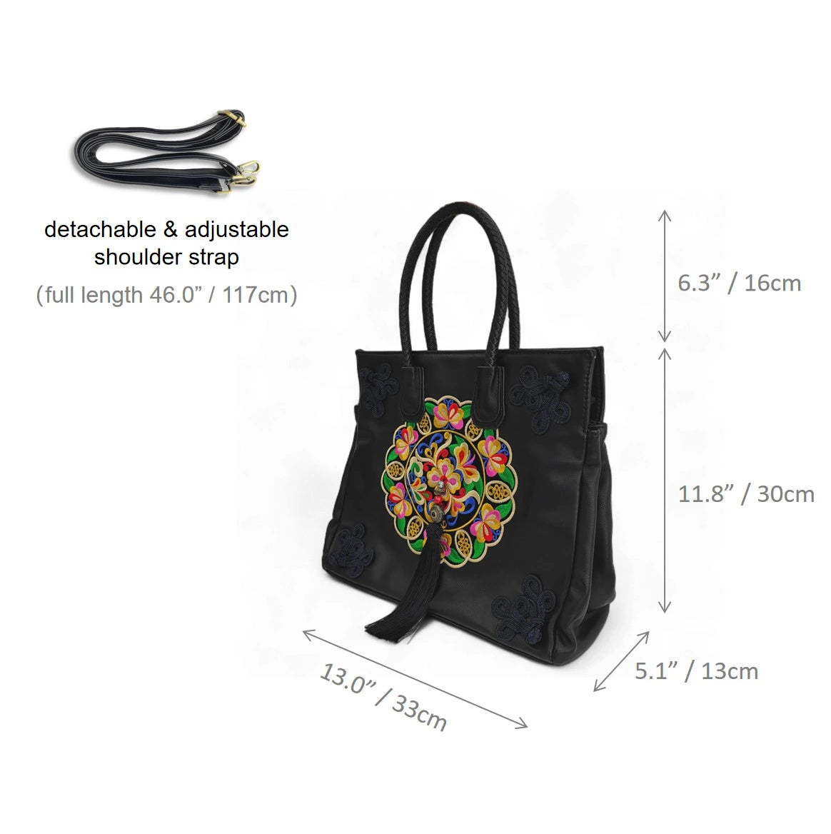Black Ethnic Butterfly Embroidered Tote Bag | PU Leather with Chinese Knot Accents