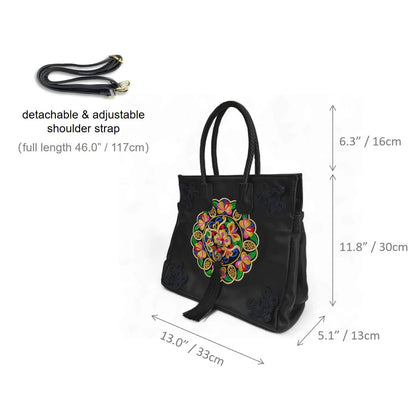 Black Ethnic Butterfly Embroidered Tote Bag | PU Leather with Chinese Knot Accents