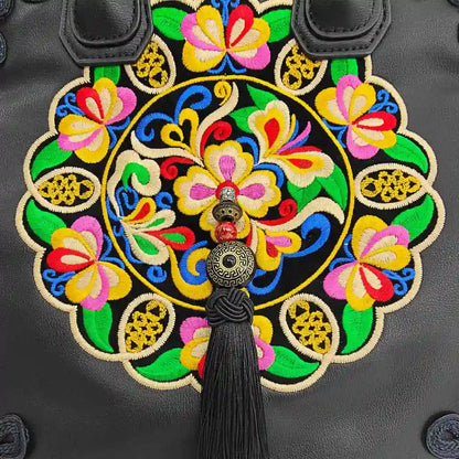 Black Ethnic Butterfly Embroidered Tote Bag | PU Leather with Chinese Knot Accents