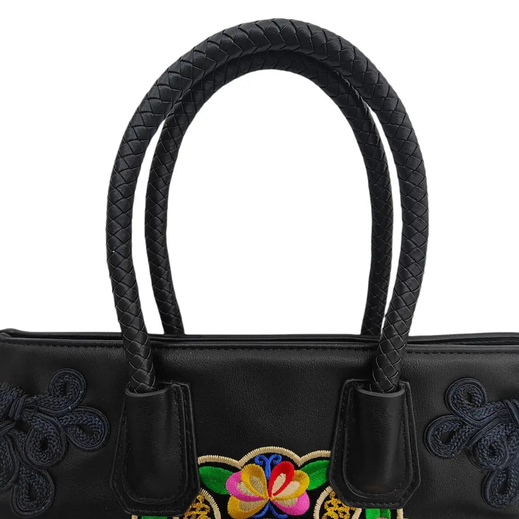 Black Ethnic Butterfly Embroidered Tote Bag | PU Leather with Chinese Knot Accents