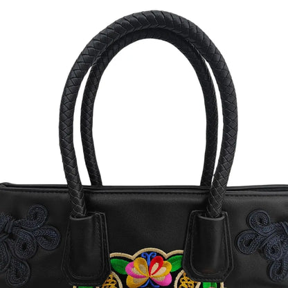 Black Ethnic Butterfly Embroidered Tote Bag | PU Leather with Chinese Knot Accents
