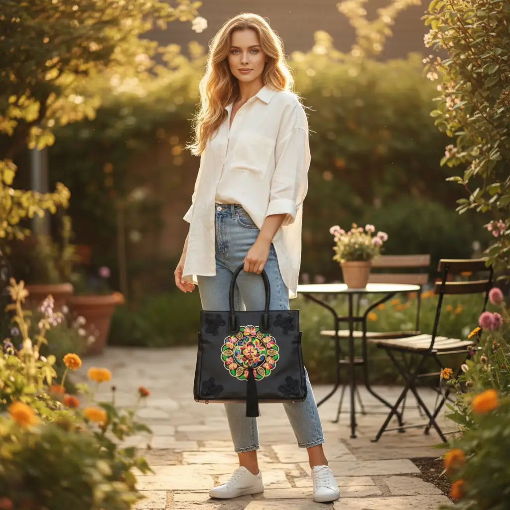 Black Ethnic Butterfly Embroidered Tote Bag | PU Leather with Chinese Knot Accents