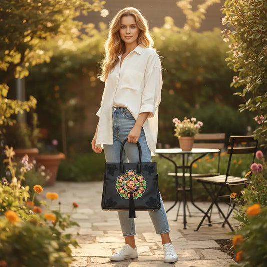 Designer Handbag | Black Ethnic Butterfly Embroidered Tote Bag (PU Leather with Chinese Knot Accents)