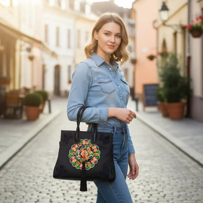 Black Ethnic Butterfly Embroidered Tote Bag | PU Leather with Chinese Knot Accents
