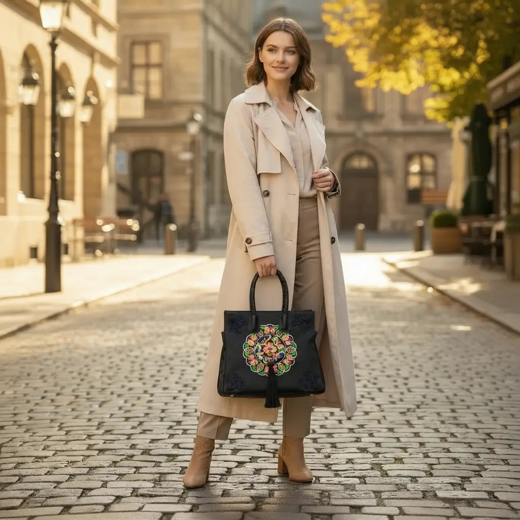 Black Ethnic Butterfly Embroidered Tote Bag | PU Leather with Chinese Knot Accents