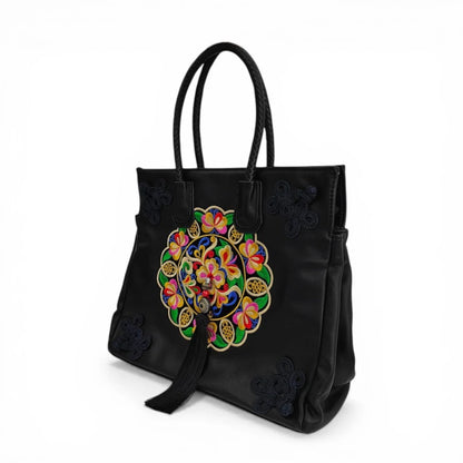 Black Ethnic Butterfly Embroidered Tote Bag | PU Leather with Chinese Knot Accents