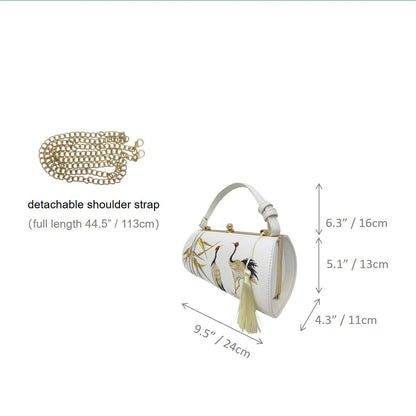 size measurement diagram of white crane bamboo embroidered clutch bag with detachable gold chain strap