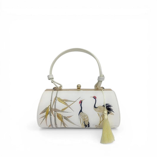 Designer Crane Handbag | White Vintage Embroidered Bamboo & Crane Clutch Bag with Tassel