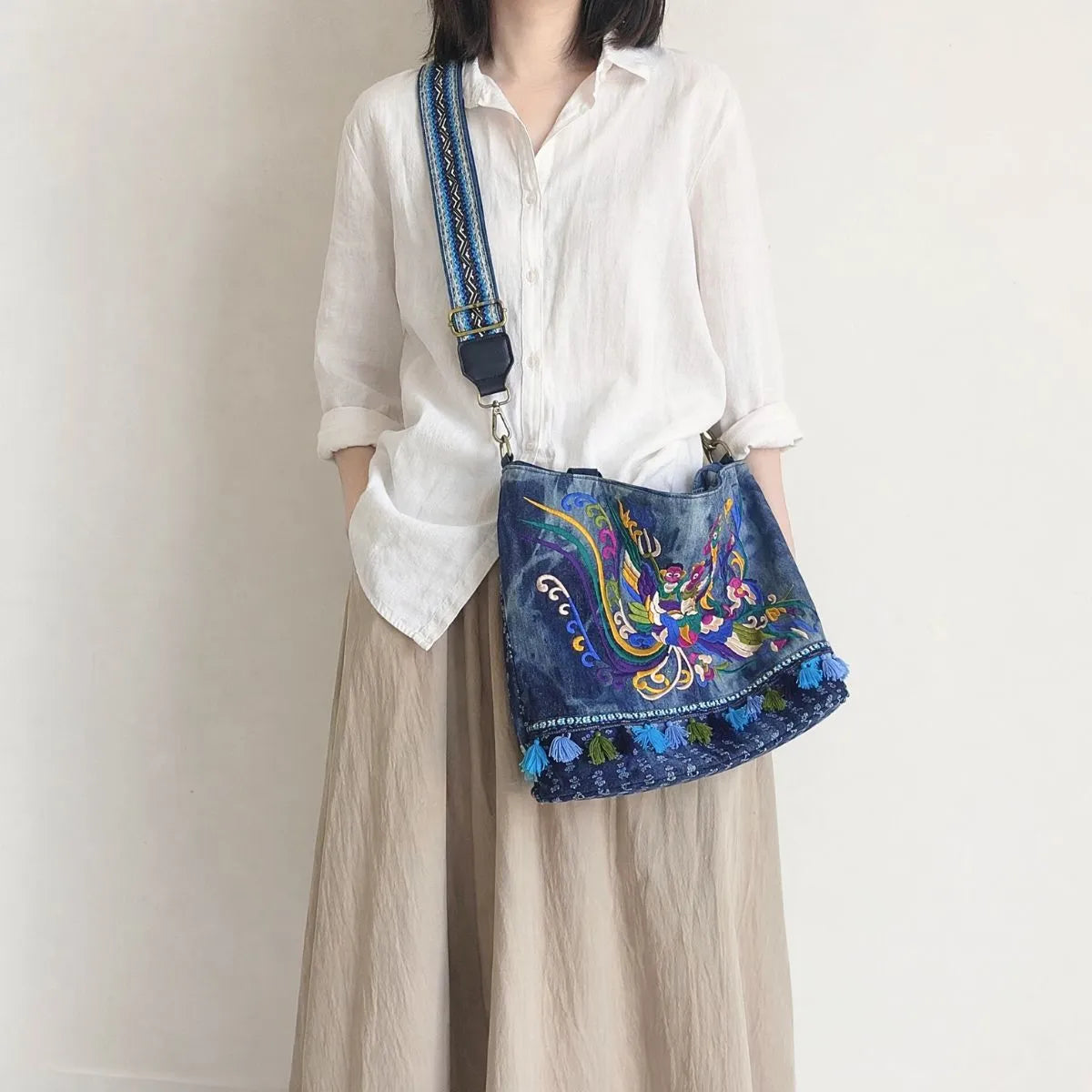 Boho Tie-Dye Denim Phoenix Embroidered Tassel Tote Crossbody Bag