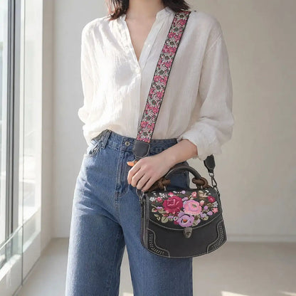 Boho Vintage Floral Embroidered PU Leather Saddle Crossbody Bag with Top Handle