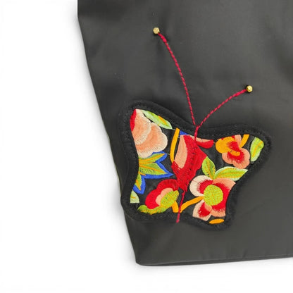 Black Nylon Tote with Ethnic Floral & Butterfly Embroidery