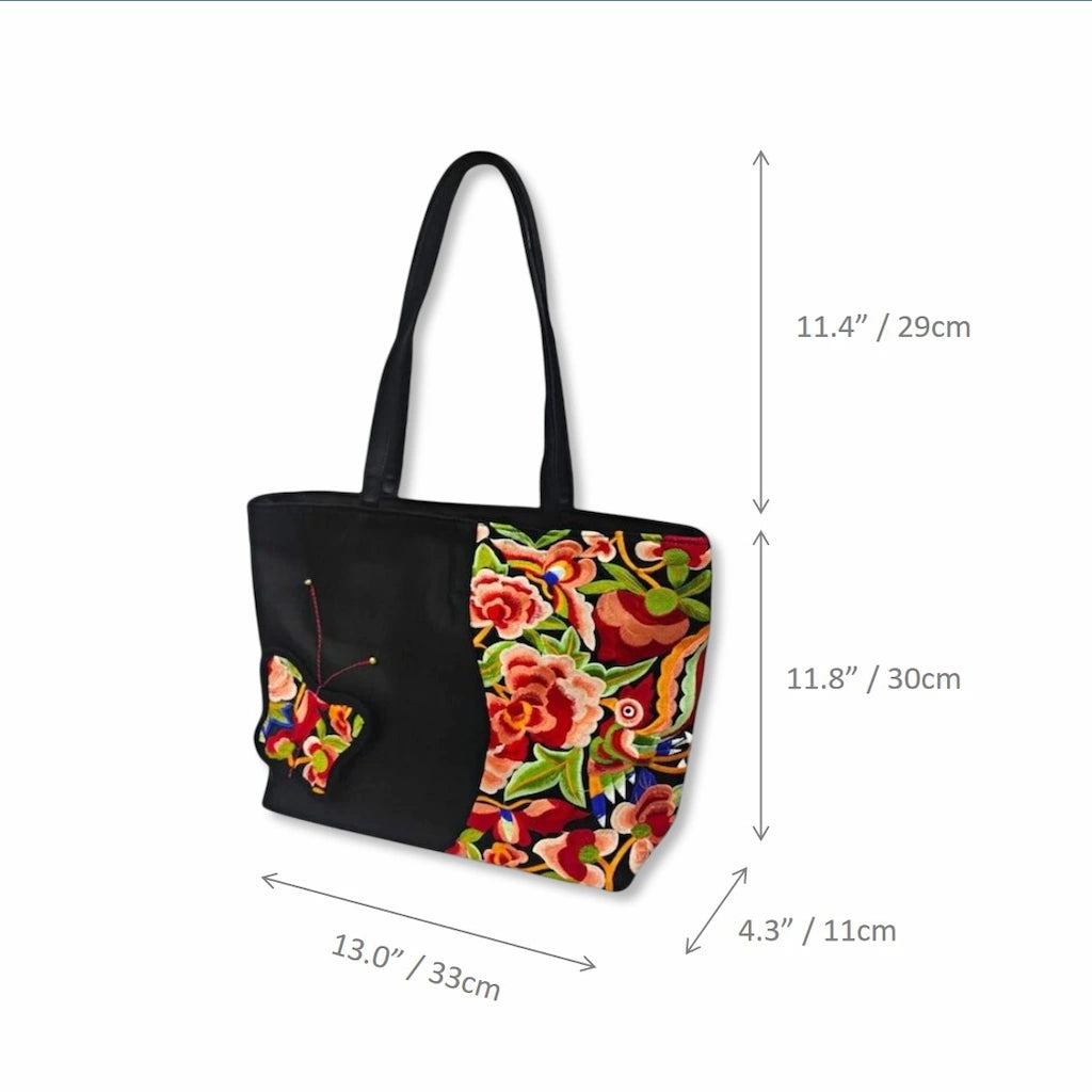 Black Nylon Tote with Ethnic Floral & Butterfly Embroidery