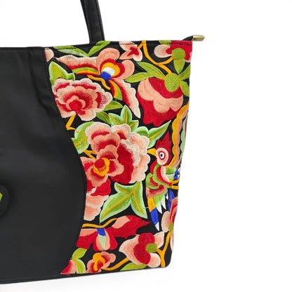 Black Nylon Tote with Ethnic Floral & Butterfly Embroidery