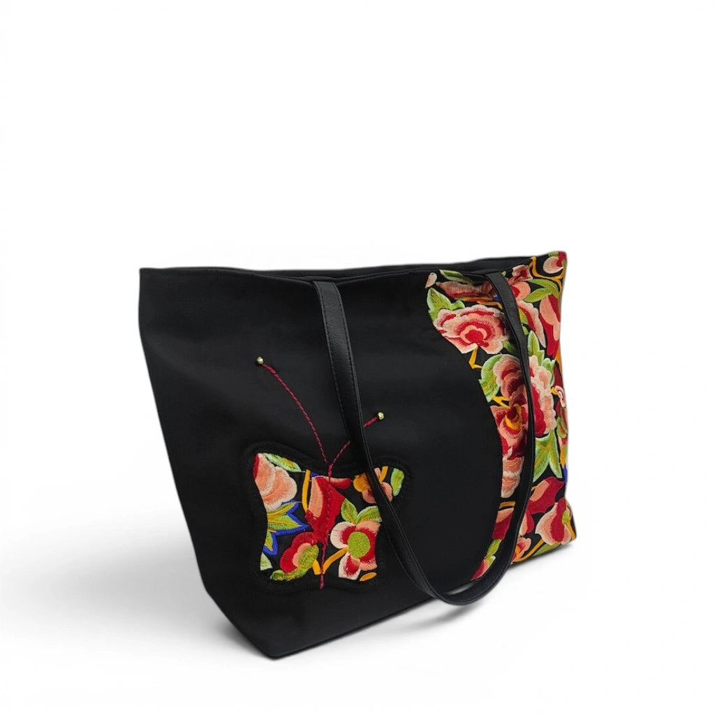 Black Nylon Tote with Ethnic Floral & Butterfly Embroidery