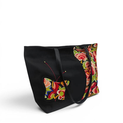 Black Nylon Tote with Ethnic Floral & Butterfly Embroidery