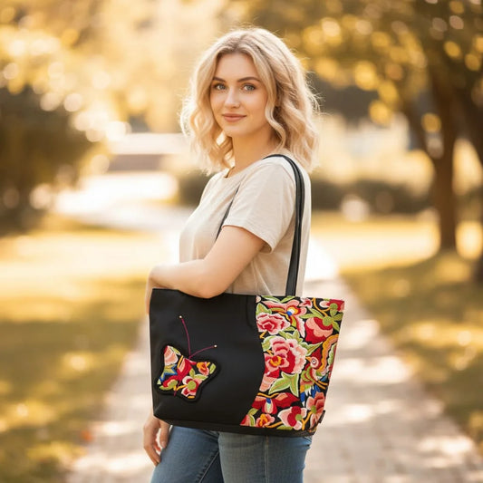 Designer Handbag | Black Nylon Tote with Ethnic Floral & Butterfly Embroidery