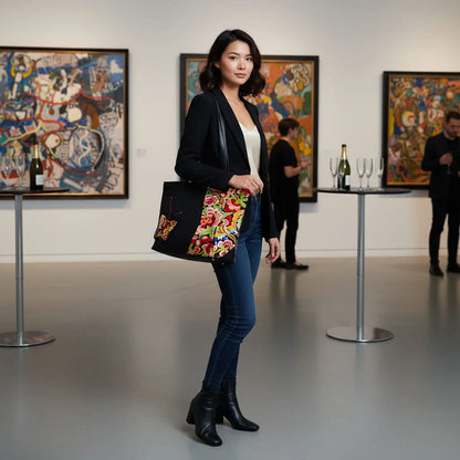 Black Nylon Tote with Ethnic Floral & Butterfly Embroidery