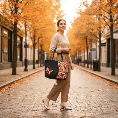 Black Nylon Tote with Ethnic Floral & Butterfly Embroidery