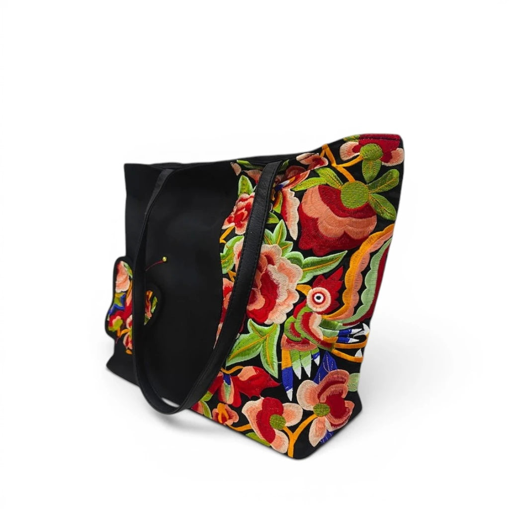 Black Nylon Tote with Ethnic Floral & Butterfly Embroidery