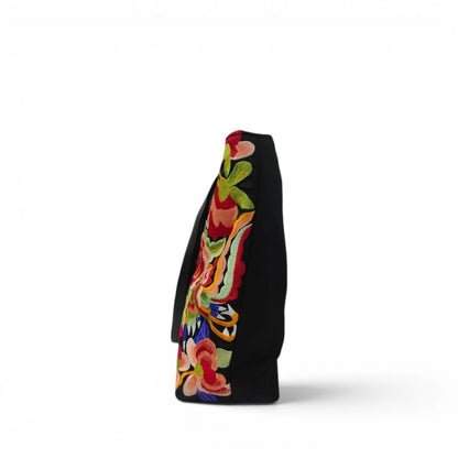 Black Nylon Tote with Ethnic Floral & Butterfly Embroidery