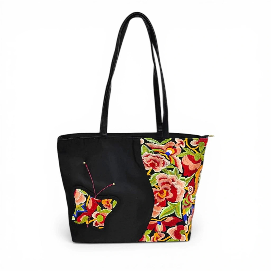 Black Nylon Tote with Ethnic Floral & Butterfly Embroidery