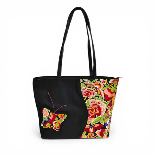 Designer Handbag | Black Nylon Tote with Ethnic Floral & Butterfly Embroidery