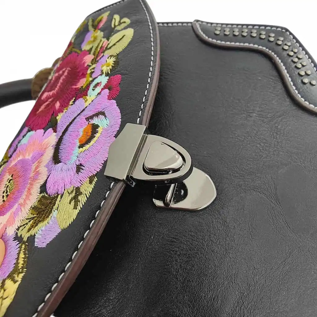 Vintage Floral Embroidered PU Leather Saddle Bag with Top Handle