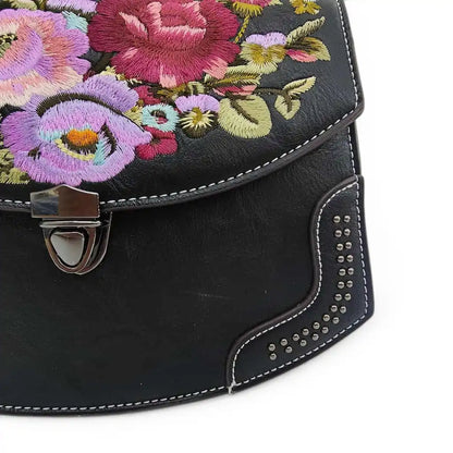 Vintage Floral Embroidered PU Leather Saddle Bag with Top Handle