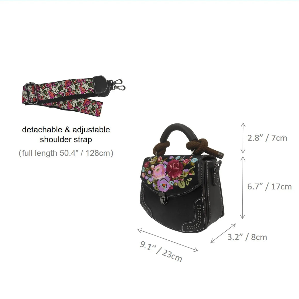 Vintage Floral Embroidered PU Leather Saddle Bag with Top Handle
