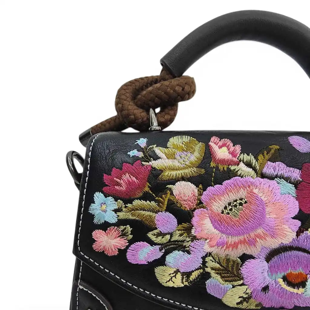 Vintage Floral Embroidered PU Leather Saddle Bag with Top Handle