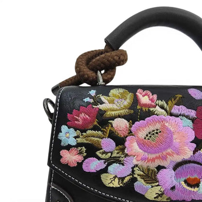 Vintage Floral Embroidered PU Leather Saddle Bag with Top Handle