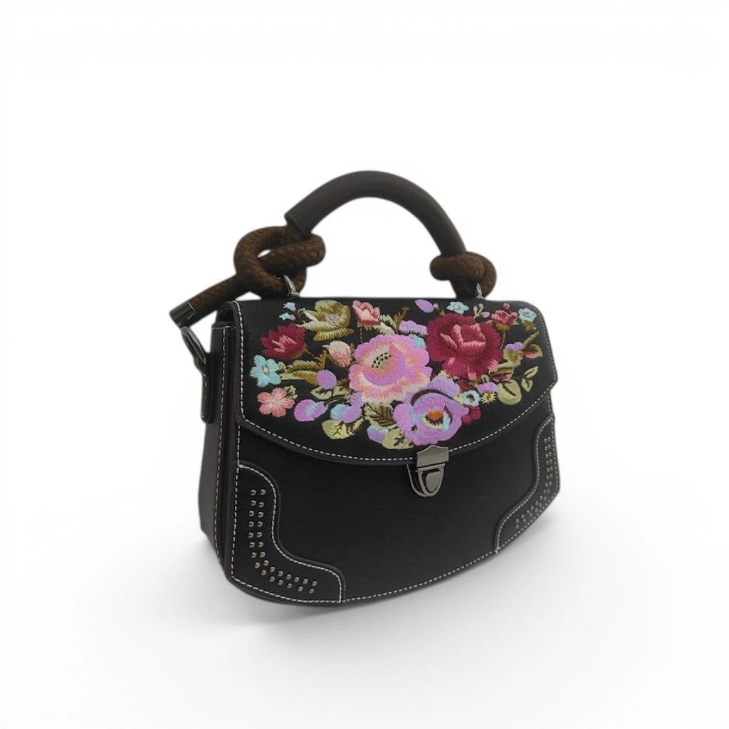 Vintage Floral Embroidered PU Leather Saddle Bag with Top Handle