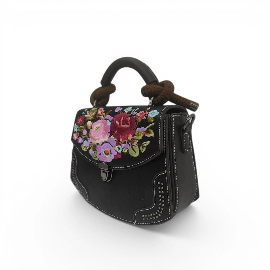 Vintage Floral Embroidered PU Leather Saddle Bag with Top Handle