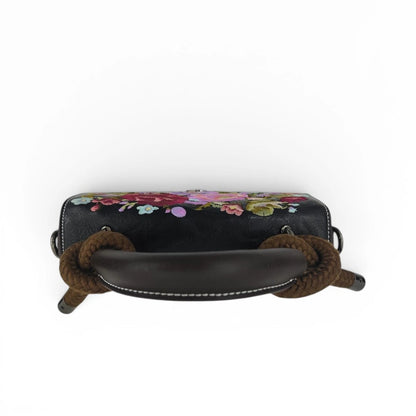 Vintage Floral Embroidered PU Leather Saddle Bag with Top Handle