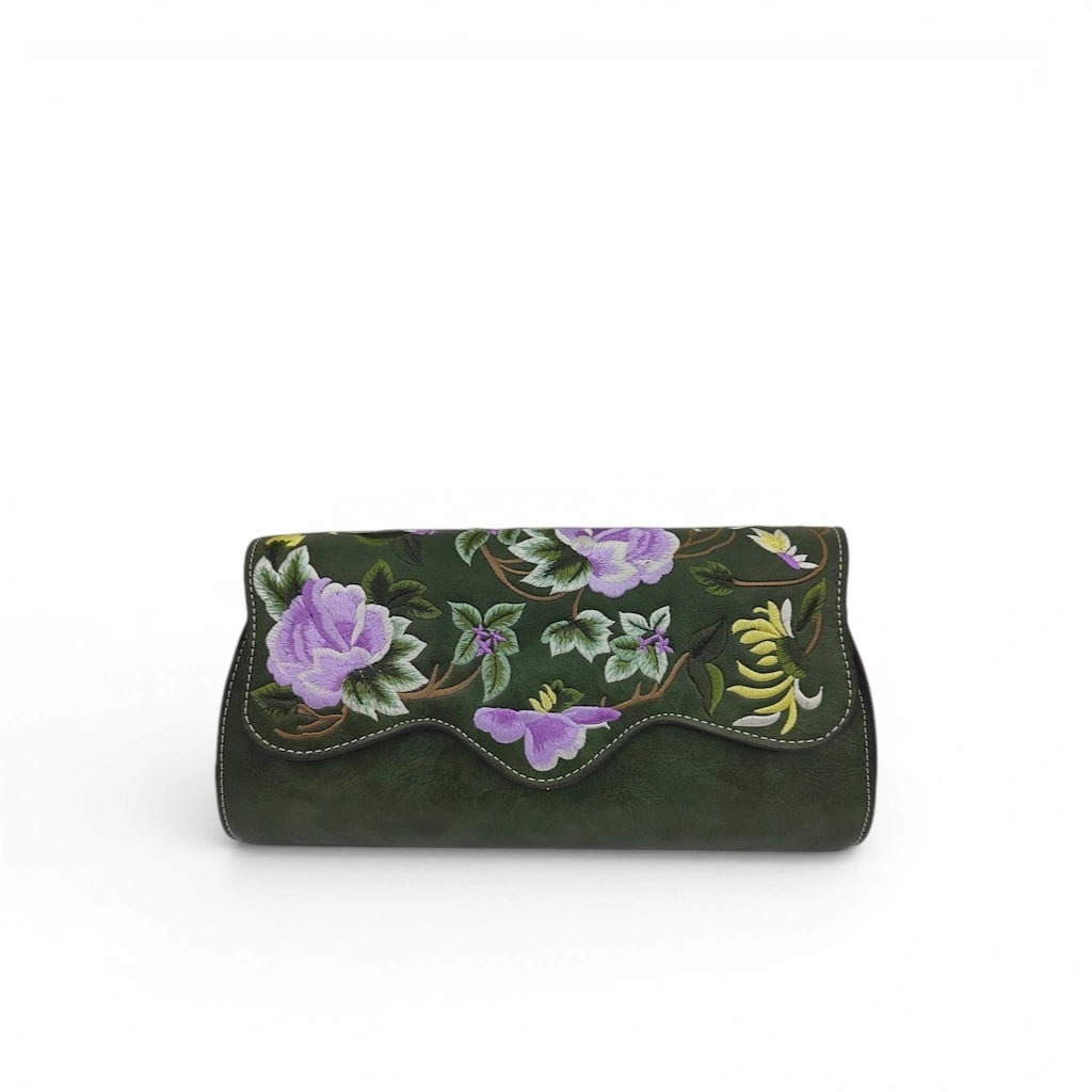 Peony Floral Embroidered PU Leather Clutch Crossbody Bag