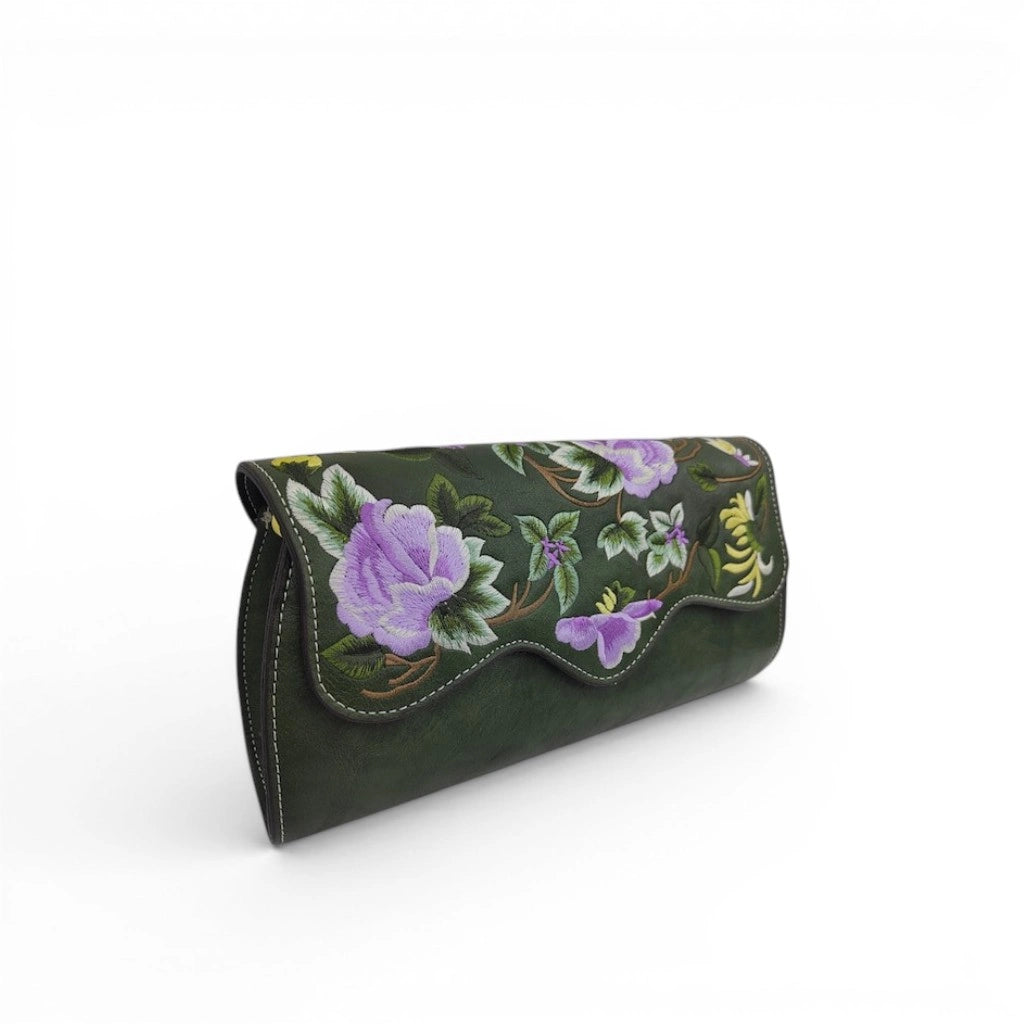 Peony Floral Embroidered PU Leather Clutch Crossbody Bag